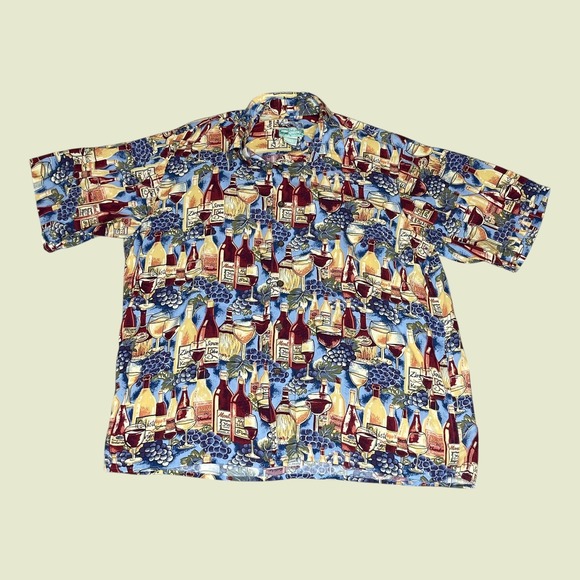 Reyn Spooner Mens LARGE Wine Print Hawaiian Shirt Rayon Blue Vineyard Aloha L